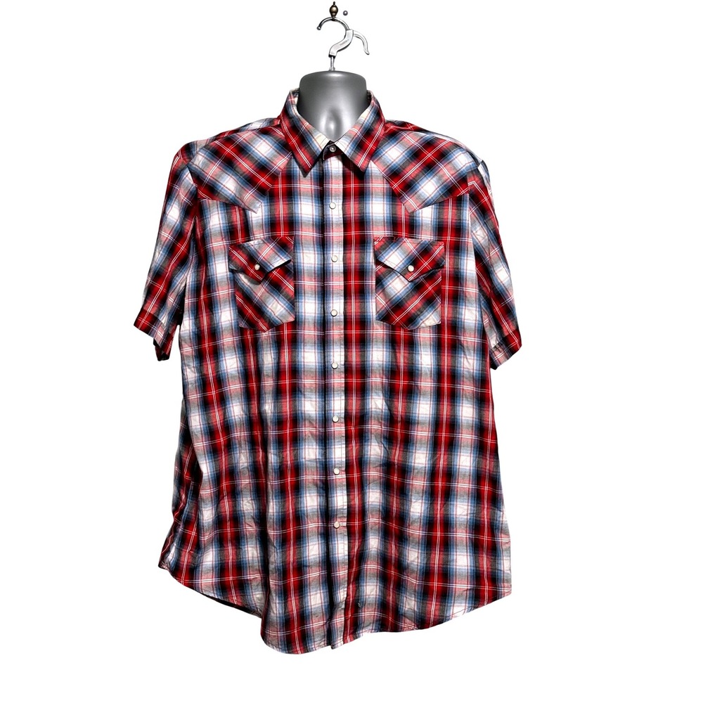 Ely Cattleman Mens 2XLT Red Blue Plaid Short Sleeve Western Pearl Snap Shirt